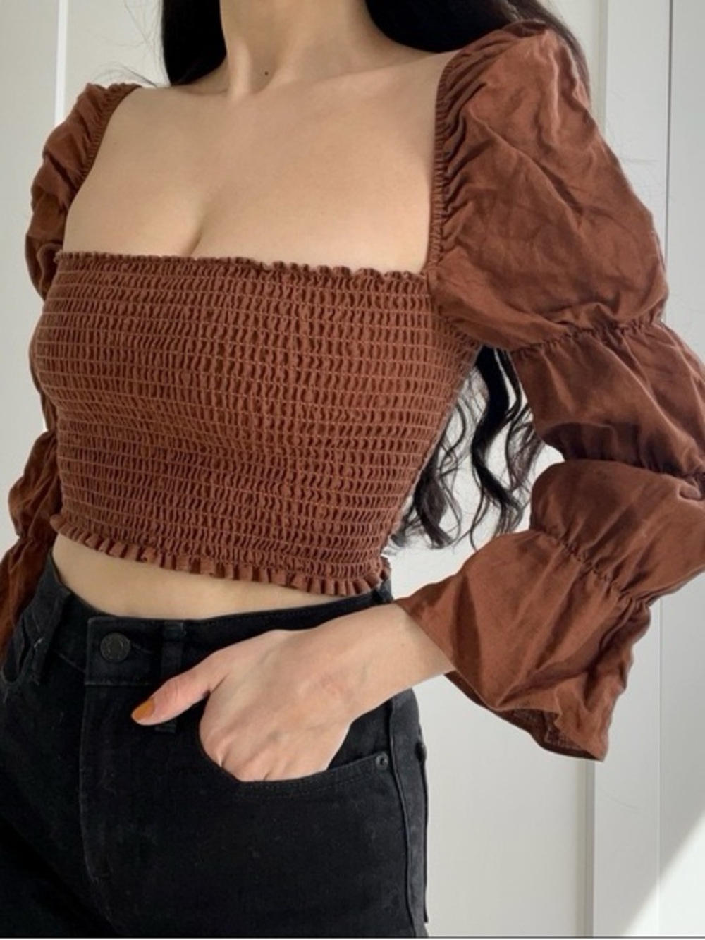 Reformation Darby Smocked Top Cafe Brown Medium M Milkmaid Puff Sleeve Cropped